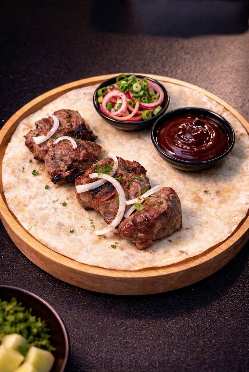 Beef shashlik with BBQ sauce